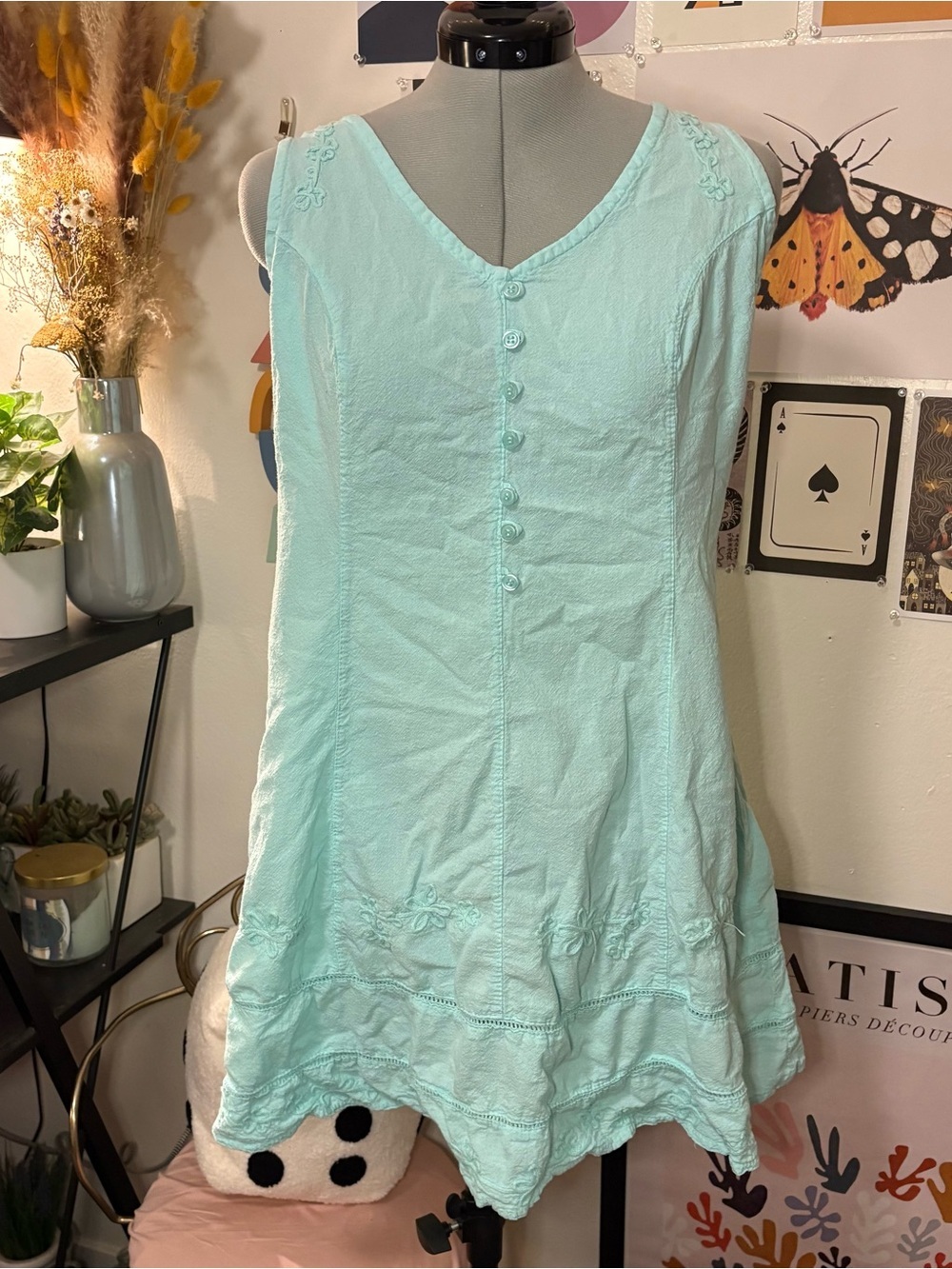 Turquoise Embroidered Button‑Front Dress